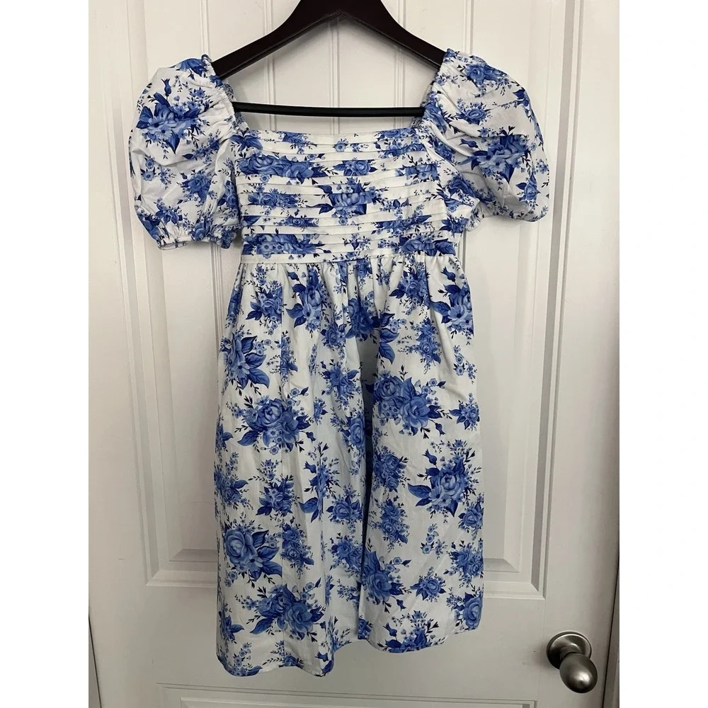 Rare Editions Girls 12 Blue Floral Dress Empire Waist Knee Puff Sleeves 587